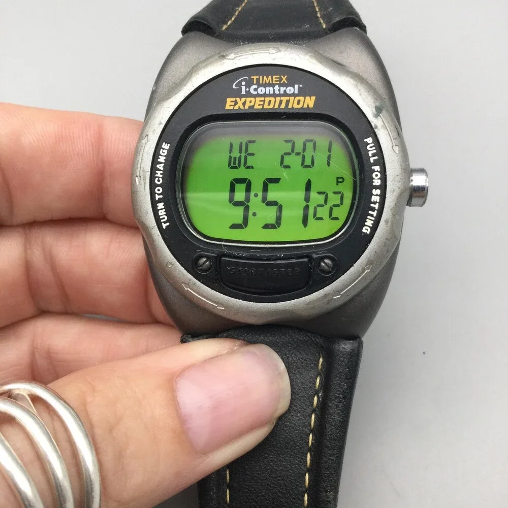 Timex Expedition I-Control Mens Watch 42mm Green Digital Black Leather New Batt
